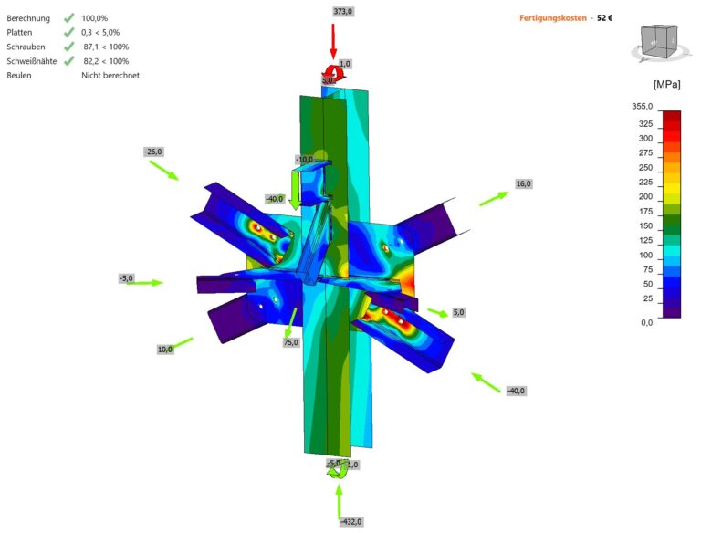 Ausschnitt aus IDEA StatiCa, Ausnutzung Knoten im Bereich der Längsaussteifung